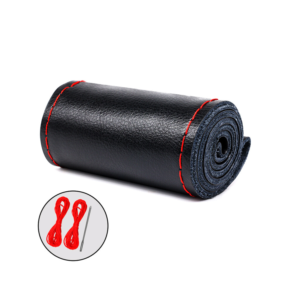 Maxpower (A-Black-Red) 38Cm 15Inch Real Cowhide Genuine Leather Car Steering Wheel Braid Cover