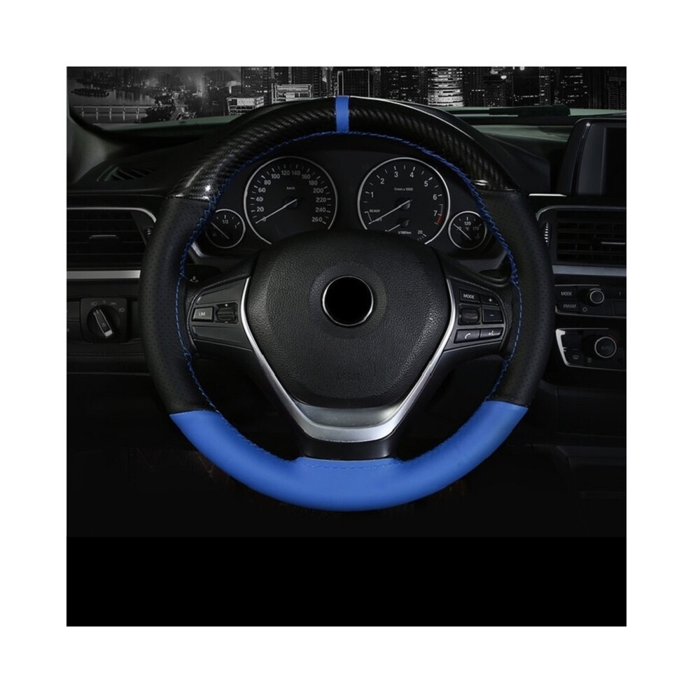 Maxpower (Blue) 38Cm 15 Inch Carbon Fiber Leather Steering Wheel Cover With Needle And Blue