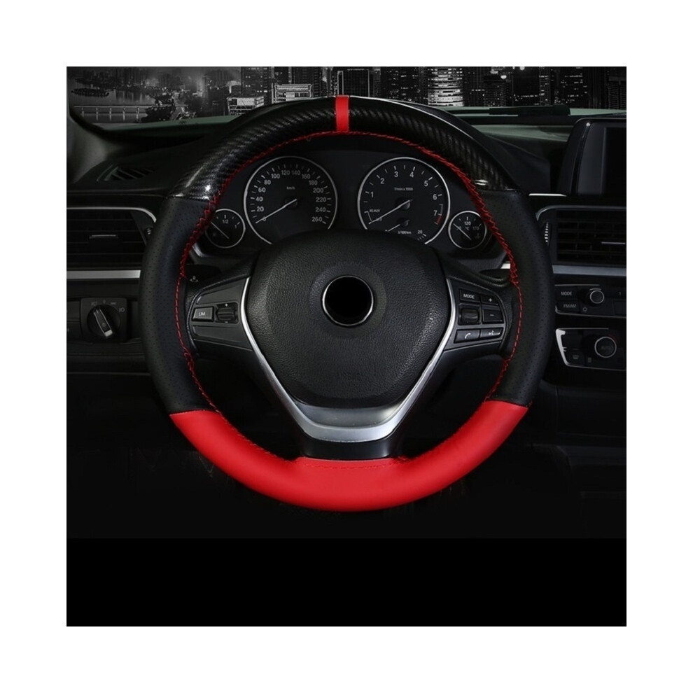 Maxpower ( Line) 38Cm 15 Inch Carbon Fiber Leather Steering Wheel Cover With Needle And Red