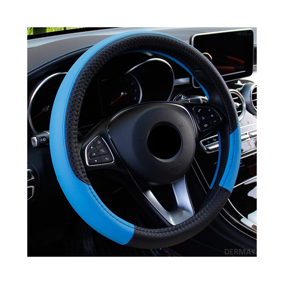(Blue) 2019 New Car Steering Wheel Cover For 37-38Cm Leather Breathable Fabric Blue 8293669630479