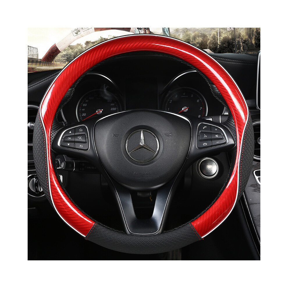 (RED O SHAPE) Carbon Fiber +Leather Car Steering Wheel Cover 38CM Non-slip Wear-resistant-image-OPC-PDZNSND-NEW