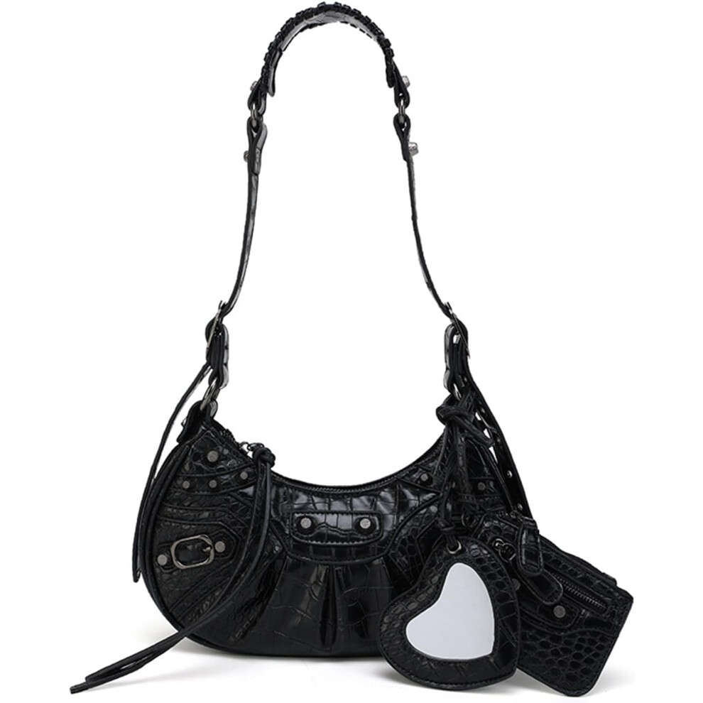 (blank) Shoulder Bags for Women, Y2K Crocodile Effect Retro Faux Leather Classic Clutch, PU Leather Bag Purse for Travel Work. (Black, Medium)