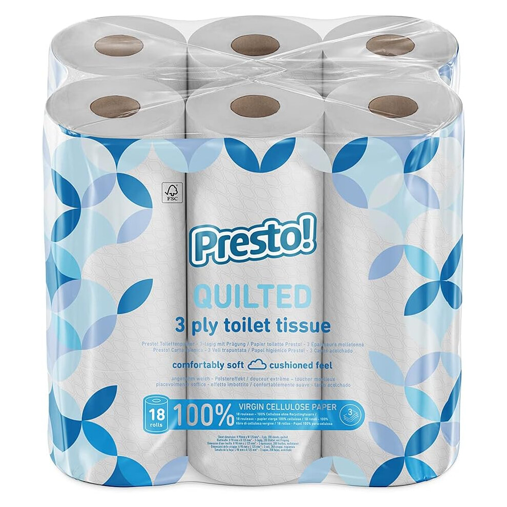 Presto! Toilet Roll, 3-ply Quilted, Velvety Soft, 18 Rolls (1 Pack of 18), 200 Sheets per Roll