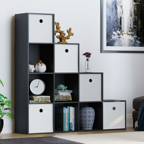Vida Designs (Black, White) Durham 10 Cube Staircase Shelf Drawer + 5 Baskets 2