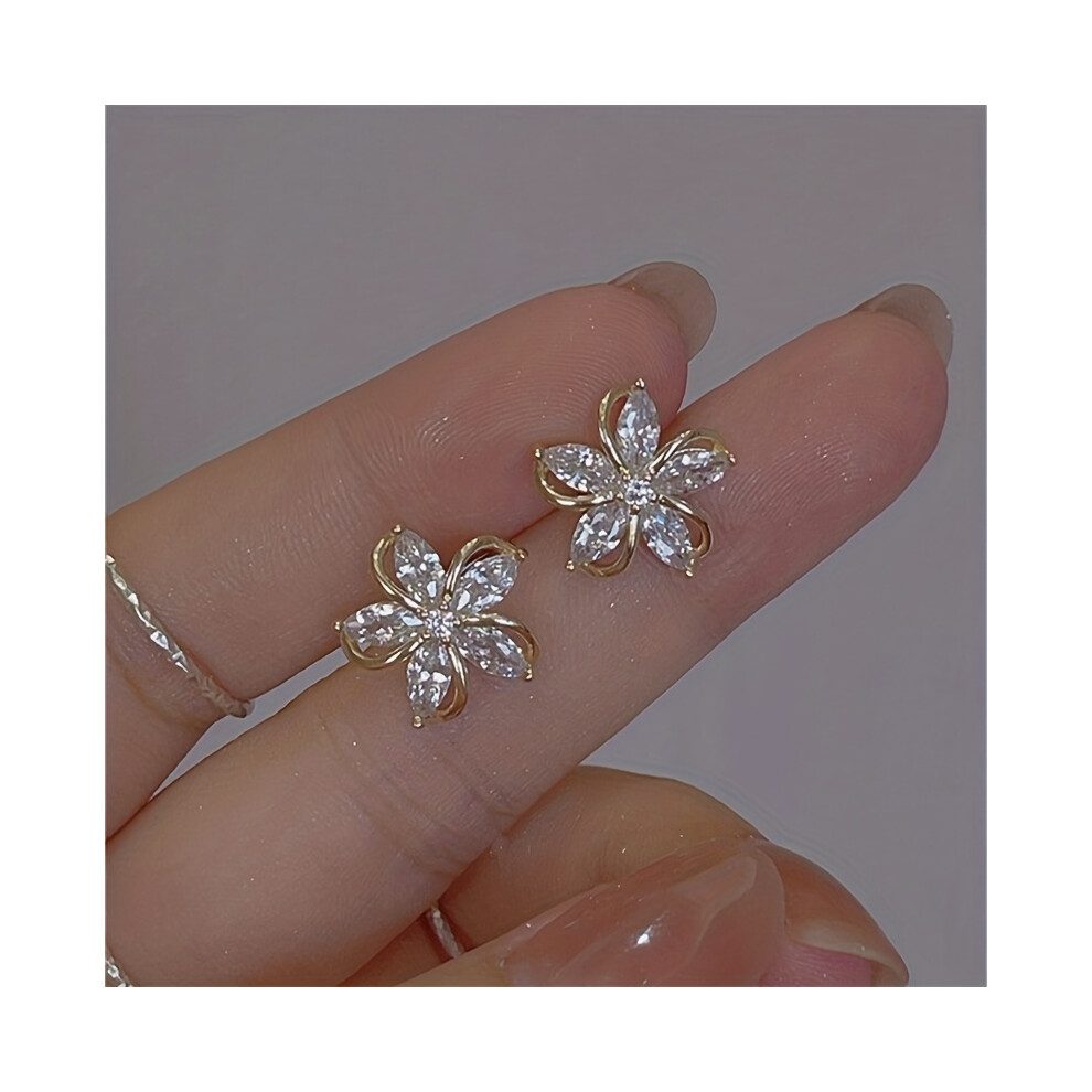 Japanese And Korean Style Five Petal Zircon Flower Shaped Stud Earrings Full Of Sparkling Zircon Dating Earrings Delicate Gifts