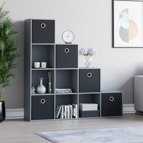 Vida Designs (Grey, Black) Durham 10 Cube Staircase Shelf Drawer + 5 Baskets 2