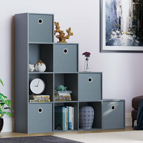Vida Designs (Grey, Grey) Durham 10 Cube Staircase Shelf Drawer + 5 Baskets 2