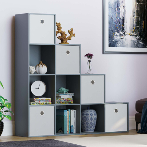Vida Designs (Grey, White) Durham 10 Cube Staircase Shelf Drawer + 5 Baskets 2