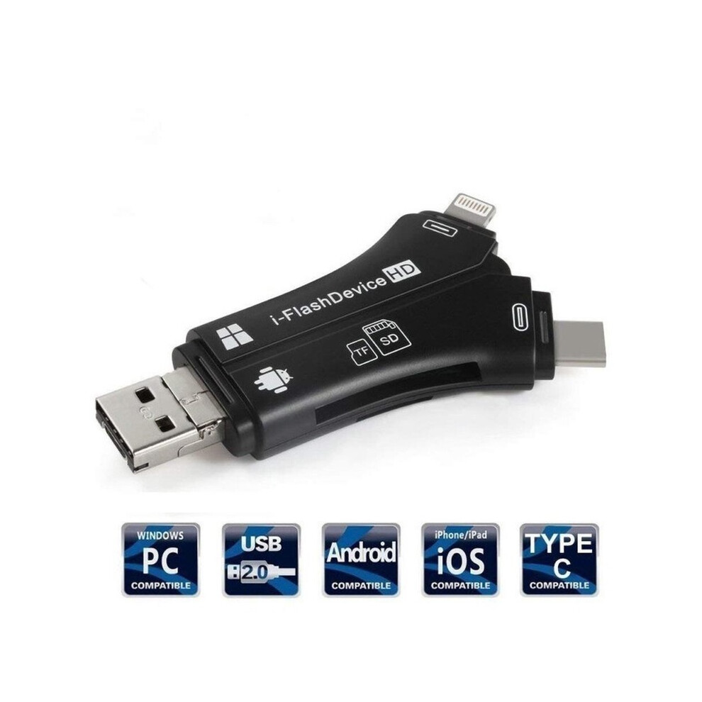 (black) 4 in 1 i Flash Drive USB Micro SD&TF Card Reader Adapter Data Transfer for iPhone iPad Macbook Android Camera