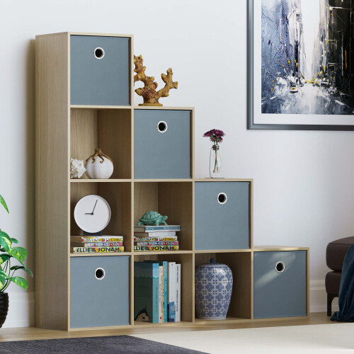 Vida Designs (Oak, Grey) Durham 10 Cube Staircase Shelf Drawer + 5 Baskets 2