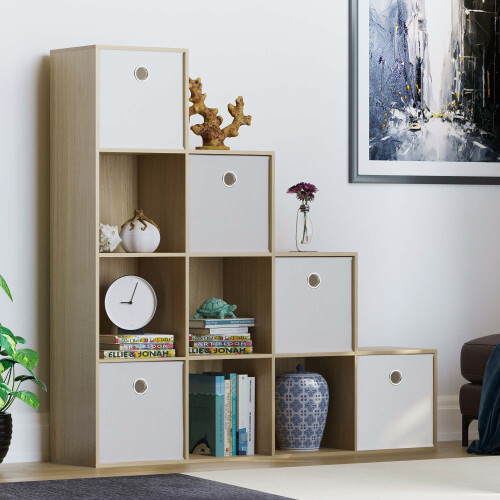 Vida Designs (Oak, White) Durham 10 Cube Staircase Shelf Drawer + 5 Baskets 2