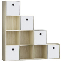(Oak, White) Durham 10 Cube Staircase Shelf Drawer + 5 Baskets
