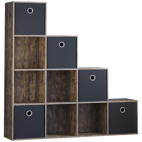 Vida Designs (Dark Wood, Black) Durham 10 Cube Staircase Shelf Drawer + 5 Baskets