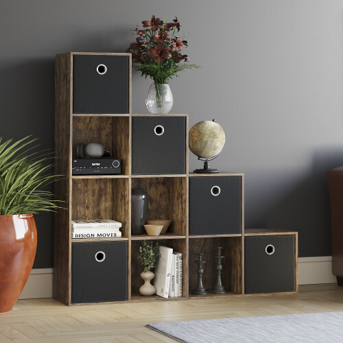 Vida Designs (Dark Wood, Black) Durham 10 Cube Staircase Shelf Drawer + 5 Baskets 2