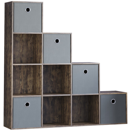 Vida Designs (Dark Wood, Grey) Durham 10 Cube Staircase Shelf Drawer + 5 Baskets
