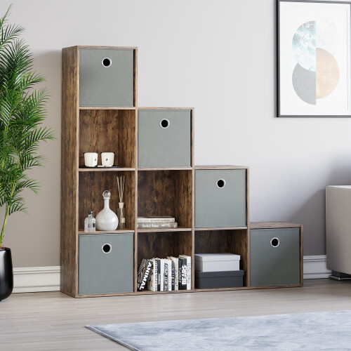Vida Designs (Dark Wood, Grey) Durham 10 Cube Staircase Shelf Drawer + 5 Baskets 2