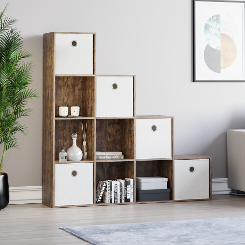 Vida Designs (Dark Wood, White) Durham 10 Cube Staircase Shelf Drawer + 5 Baskets 2