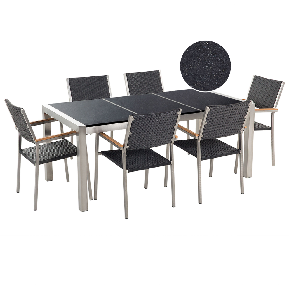 Garden Dining Set 6 Seater GROSSETO Triple Plate Granite Polished Black