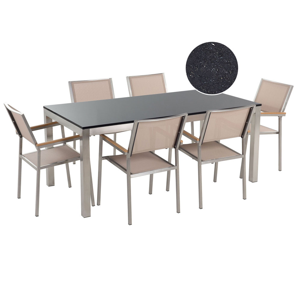 Garden Dining Set 6 Seater GROSSETO Granite Polished Black/ Beige
