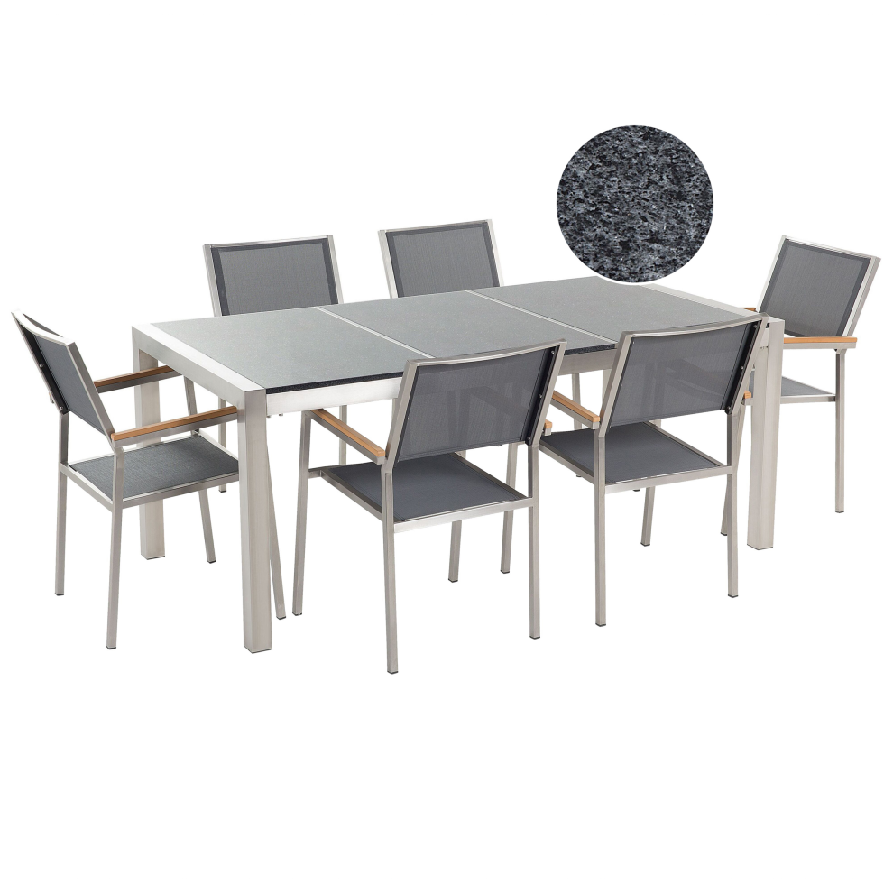 Garden Dining Set 6 Seater GROSSETO Triple Plate Granite Polished Grey