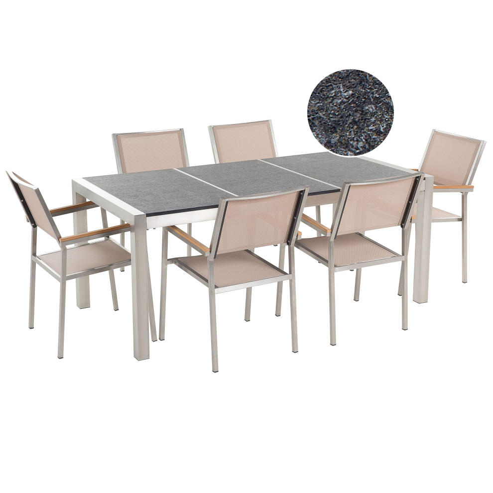 Garden Dining Set 6 Seater GROSSETO Triple Plate Basalt Flamed Black/ Beige