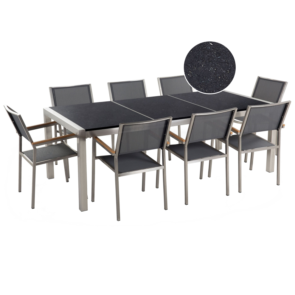 Garden Dining Set 8 Seater GROSSETO Triple Plate Granite Polished Black/ Grey