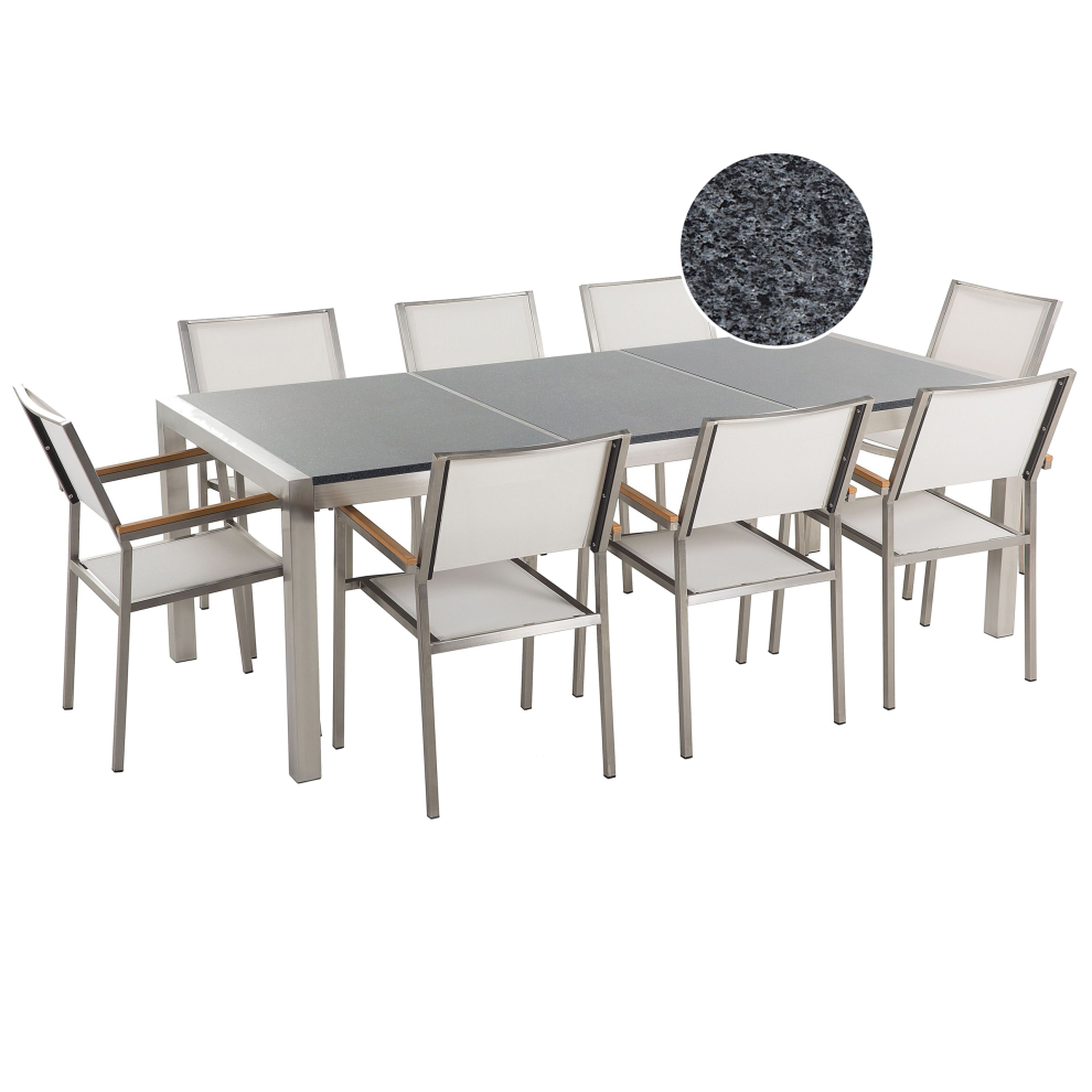 Garden Dining Set 8 Seater GROSSETO Triple Plate Granite Polished Grey/ White
