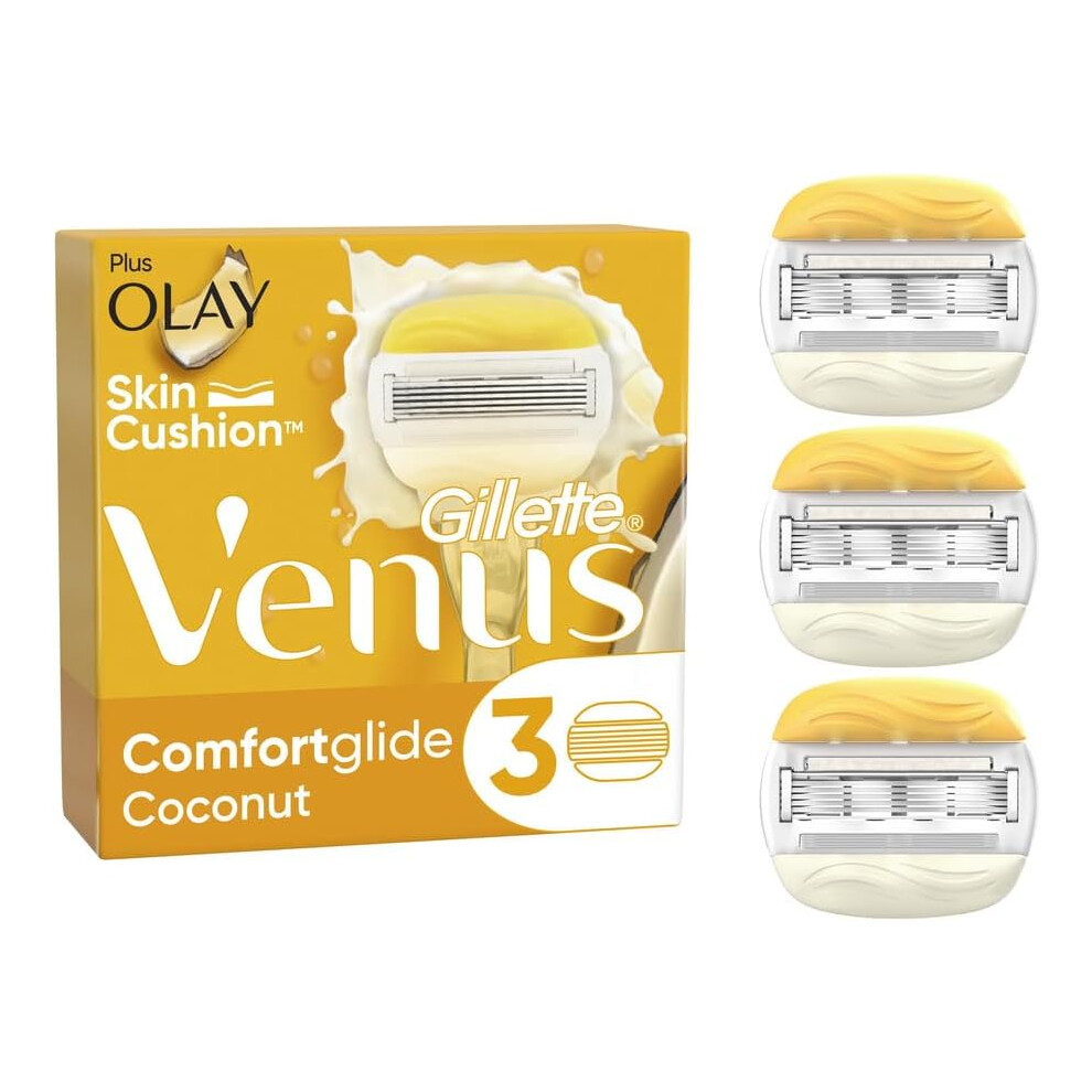 Gillette Venus ComfortGlide Coconut Razor Blades Women, Pack of 3 Razor Blade Refills with 2 Flexible Gel Bars with a Touch of Olay Moisture