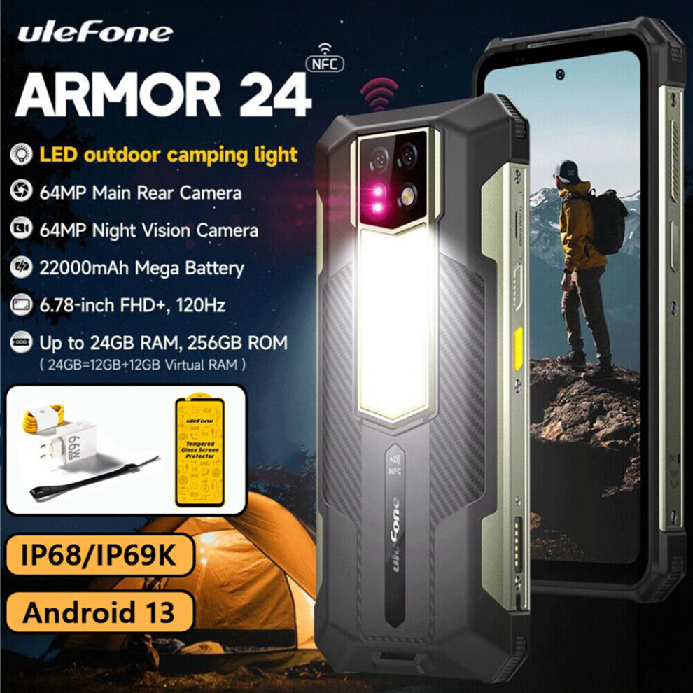 New Ulefone Armor 24 Global 4G Rugged Phone (12+12)GB+256GB 22000mAh 64MP+64MP Night Vision Camping Light