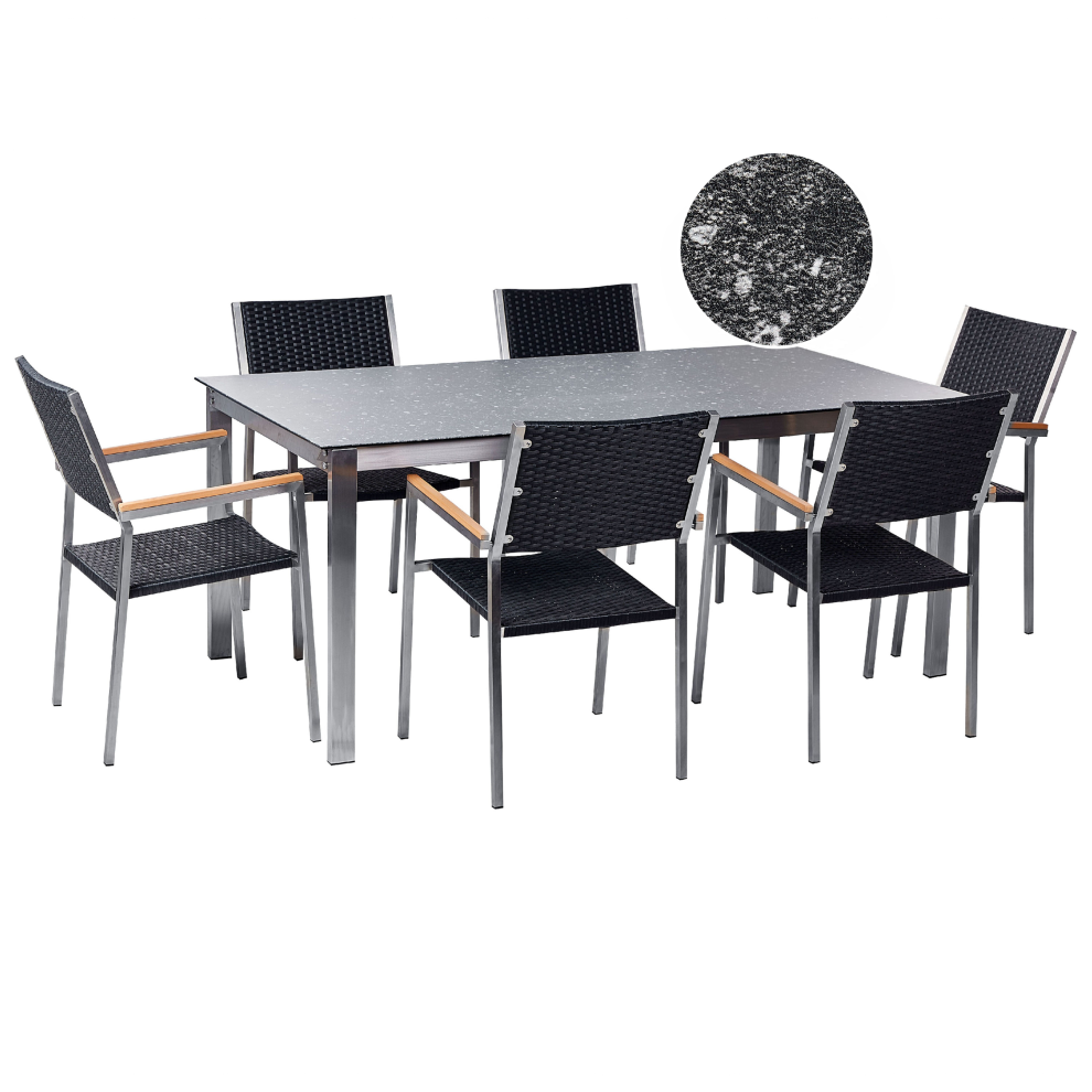 Garden Dining Set 6 Seater COSOLETO/GROSSETO Tempered Glass Granite Effect Black