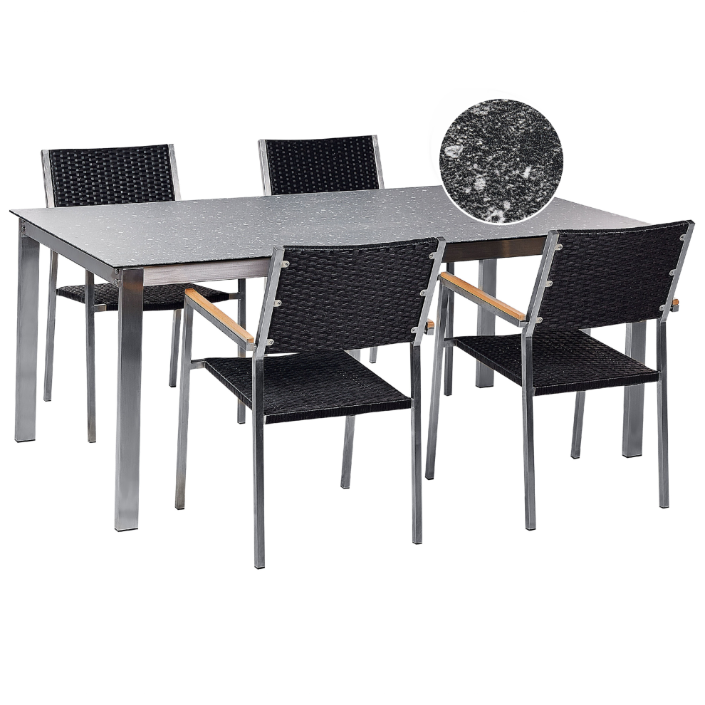 Garden Dining Set 4 Seater COSOLETO/GROSSETO Tempered Glass Granite Effect Black