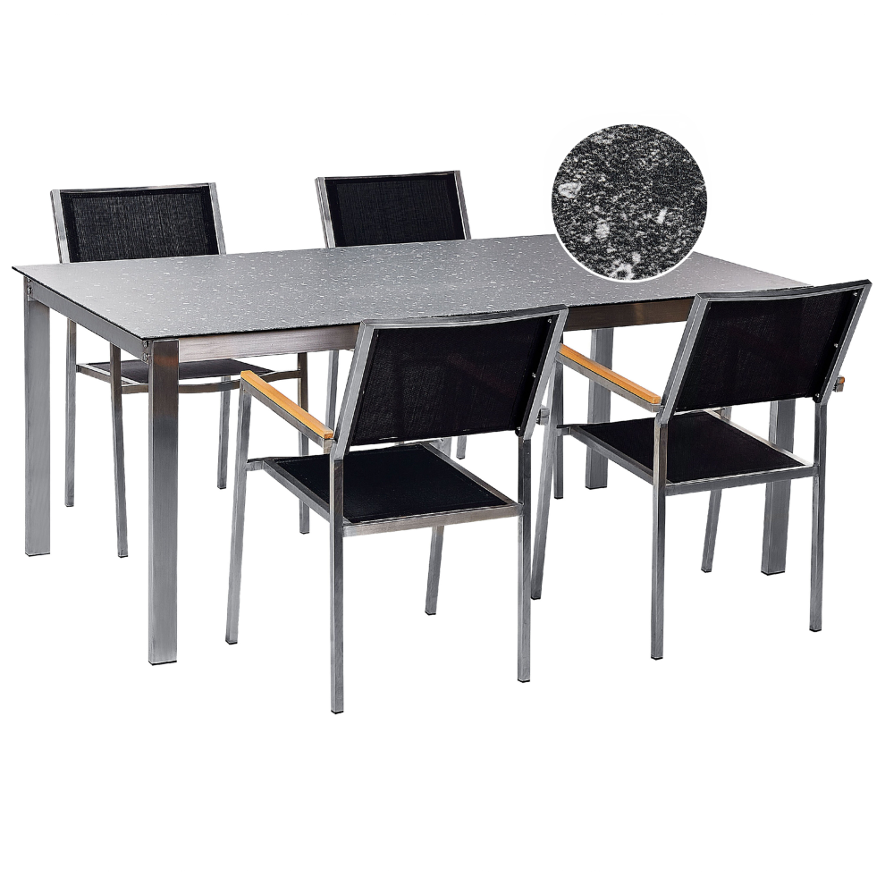Garden Dining Set 4 Seater COSOLETO/GROSSETO Tempered Glass Granite Effect Black