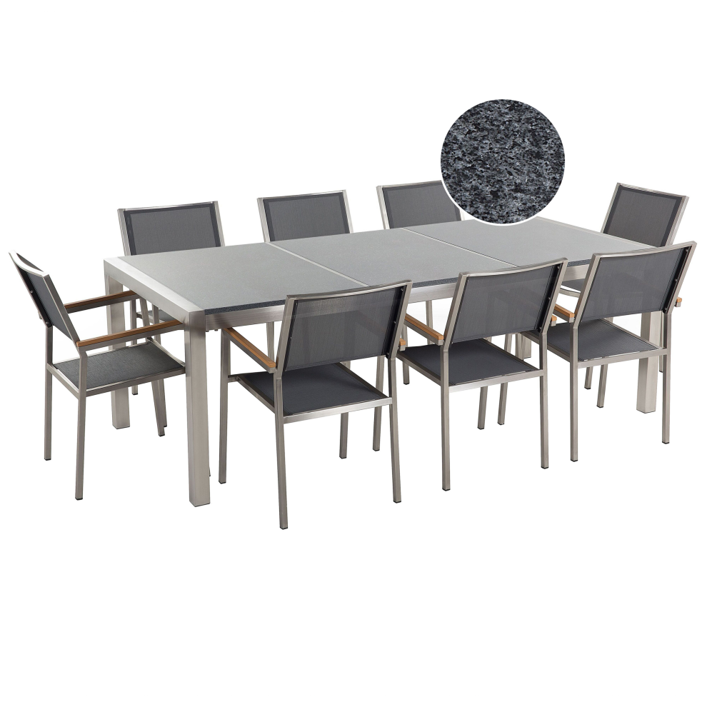 Garden Dining Set 8 Seater GROSSETO Triple Plate Granite Polished Grey
