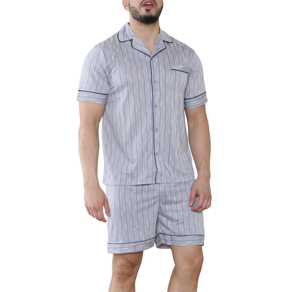 (Grey, L) Mens Pyjama Sets Short Printed Classic Short Sleeve Buttons Nightwear Soft PJ's