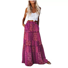 (Purple, S) Women Elastic Waist Boho Floral Maxi Skirt Ladies Ruffle Long Swing A-Line Dress