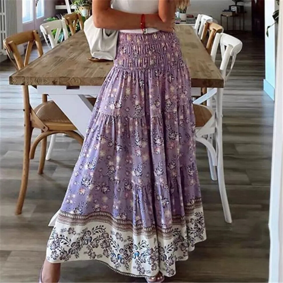 Purple M Womens Boho Floral Long Maxi Skirt Ladies High Waist Beach Ruffle Swing Dress on OnBuy