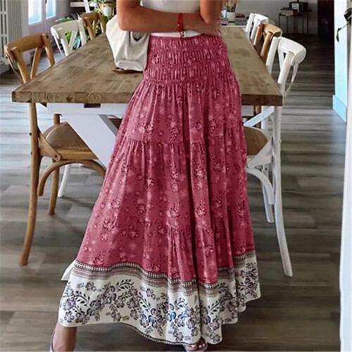 Red XL Womens Boho Floral Long Maxi Skirt Ladies High Waist Beach Ruffle Swing Dress on OnBuy