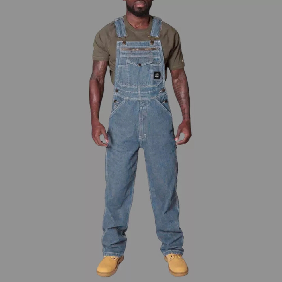 (Light Blue, 4XL = 48) Mens Denim Dungarees Overalls Bibs and Brace Jumpsuit Romper Pants Plus Size