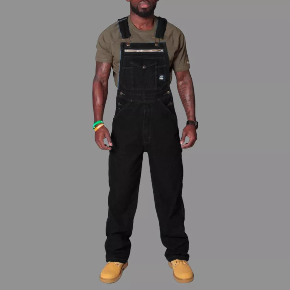 (, 3XL = 46) Mens Denim Dungarees Overalls Bibs And Brace Jumpsuit Romper Pants Plus Size Black