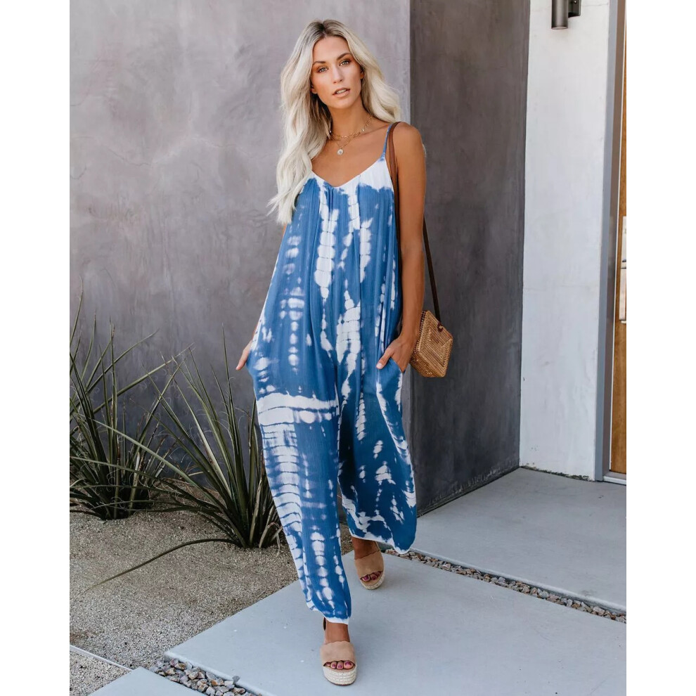 (Blue, M = 8) Womens Cami Romper Baggy Harem Playsuit Ladies Summer Jumpsuit Dress Plus Size