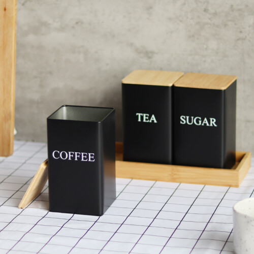 (Black) Tea Coffee Sugar Storage Jars With Bamboo Lid 2