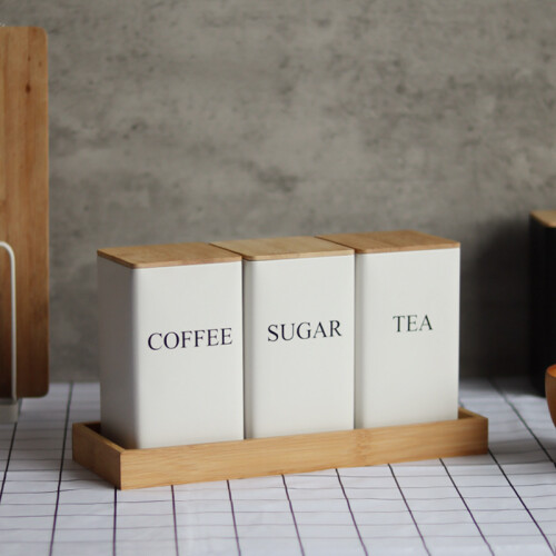 (White) Tea Coffee Sugar Storage Jars With Bamboo Lid 2