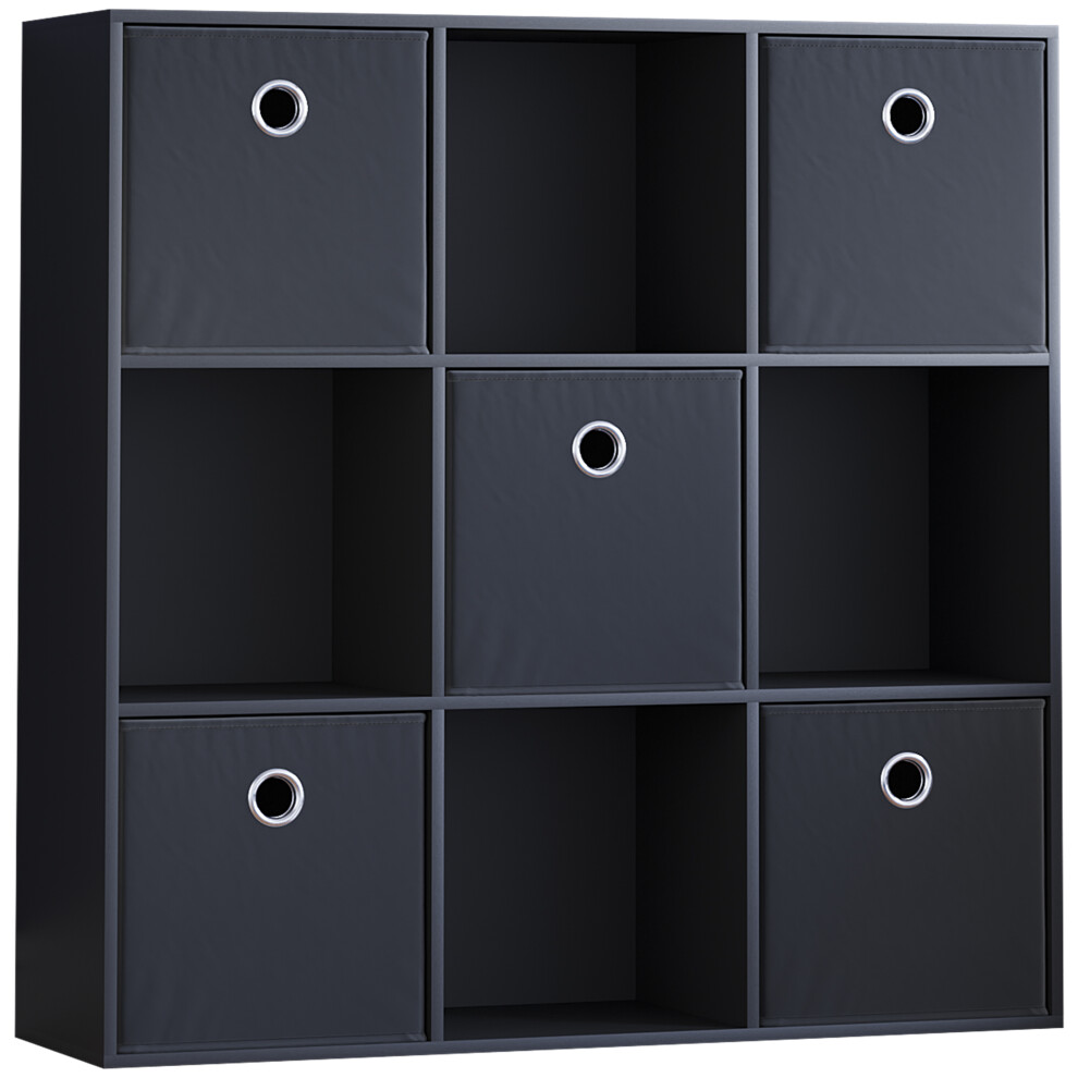 (Black, Black) Durham 3x3 Cube Shelf Drawer Bookcase + 5 Baskets