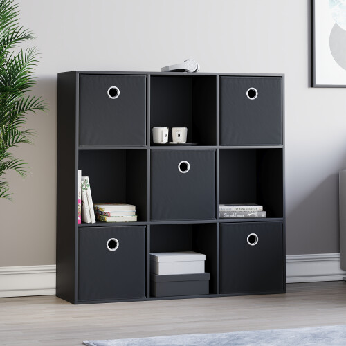 Vida Designs (Black, Black) Durham 3x3 Cube Shelf Drawer Bookcase + 5 Baskets 2