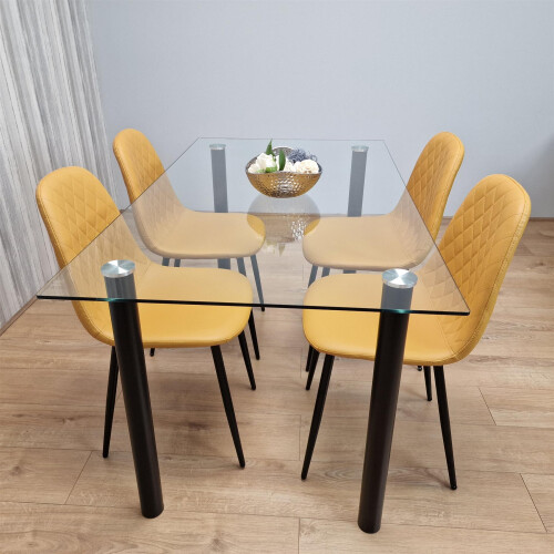 Glass Table with 4 Mustard Chairs Dining Room Dining Table set for 4 1