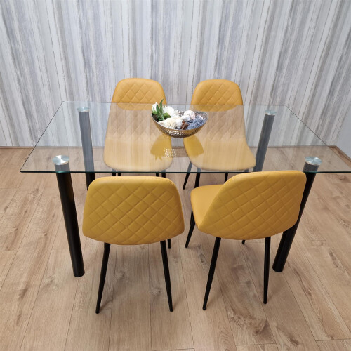 GlassTable with 4 Mustard Chairs Dining Room Dining Table set for 4 1