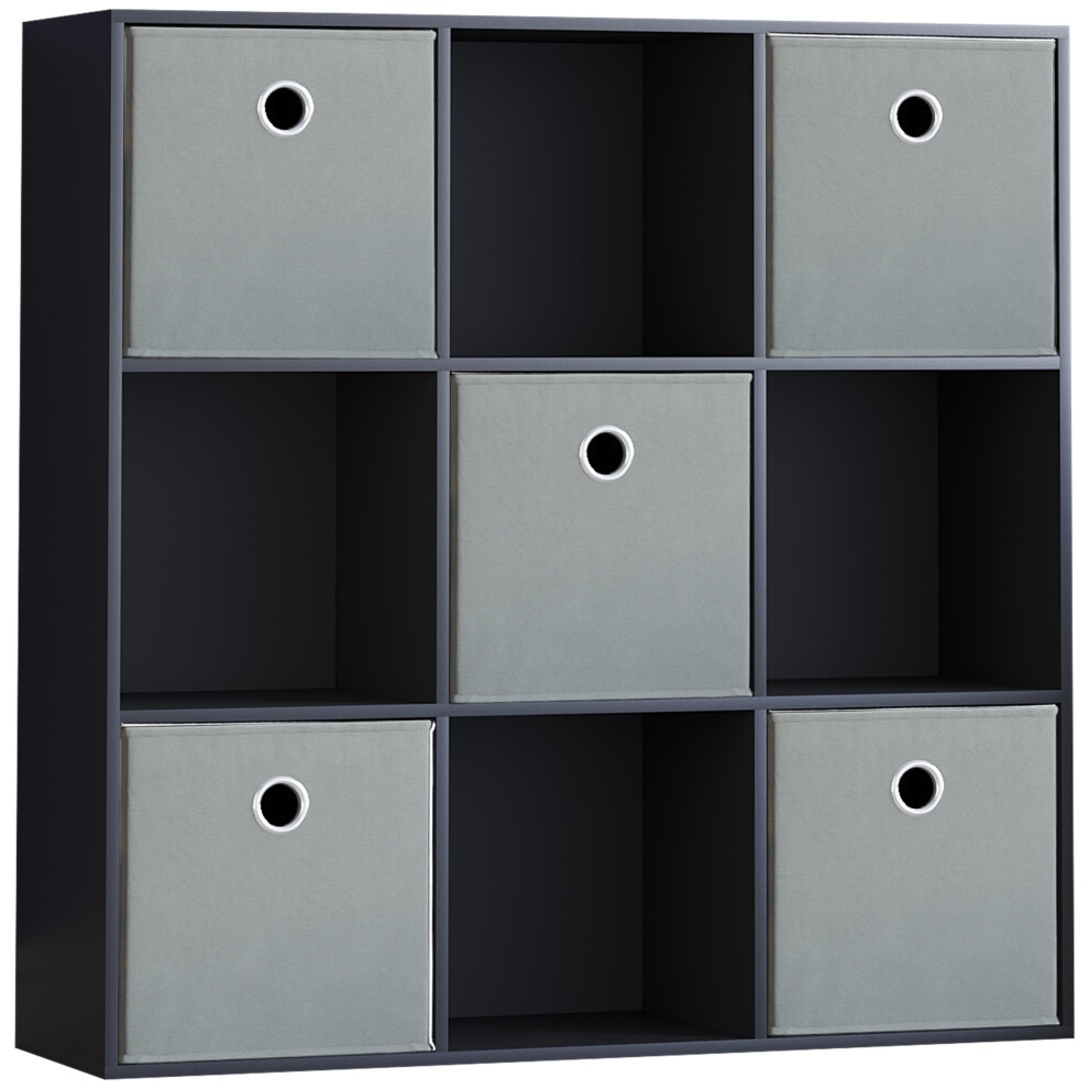 (Black, Grey) Durham 3x3 Cube Shelf Drawer Bookcase + 5 Baskets