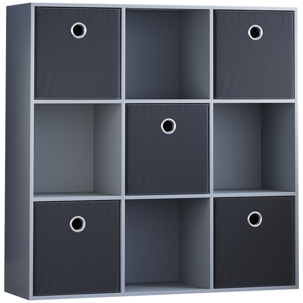 (Grey, Black) Durham 3x3 Cube Shelf Drawer Bookcase + 5 Baskets