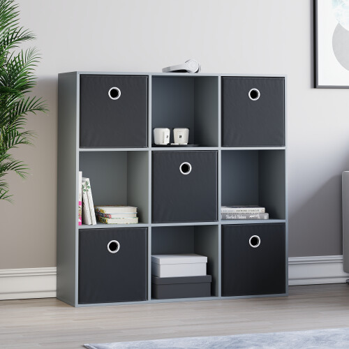 Vida Designs (Grey, Black) Durham 3x3 Cube Shelf Drawer Bookcase + 5 Baskets 2