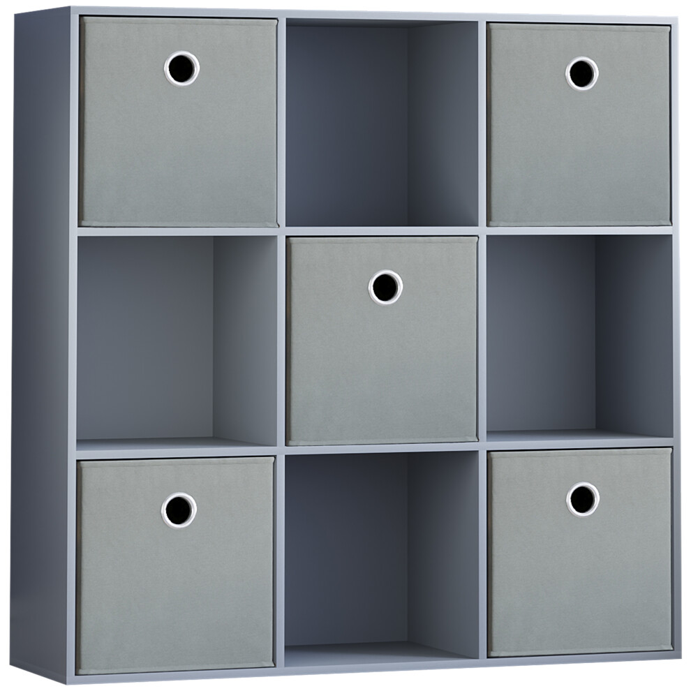 (Grey, Grey) Durham 3x3 Cube Shelf Drawer Bookcase + 5 Baskets